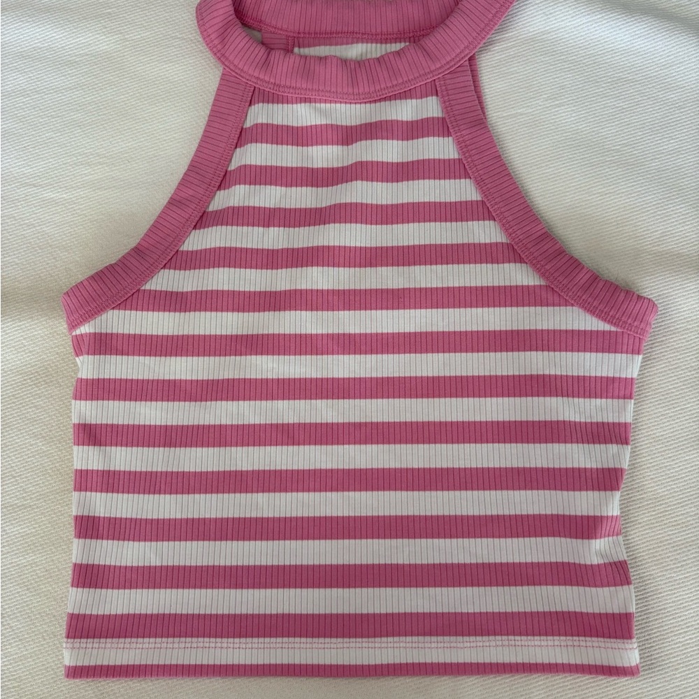 American Eagle Outfitters White and Pink Ribbed Crop Tank Top